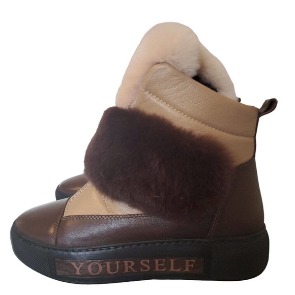 Poletto Fur Boots Size 36 Brown Cream Yourself Comfy Classy Warm - Picture 1 of 10